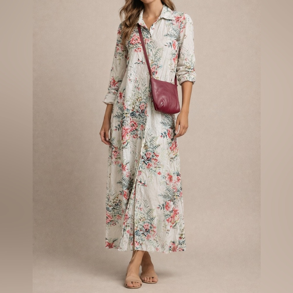 Zara Floral 3/4 Sleeves Cotton Oversized Button Down Collar Dress Size XS
